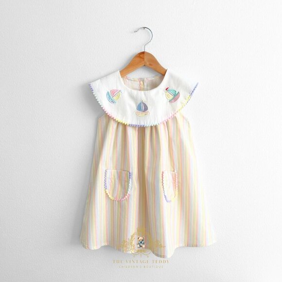 Other - NWT Pretty Girls Embroidered Bib Collar Dress Sunshine Stripes & Sailboats 5T